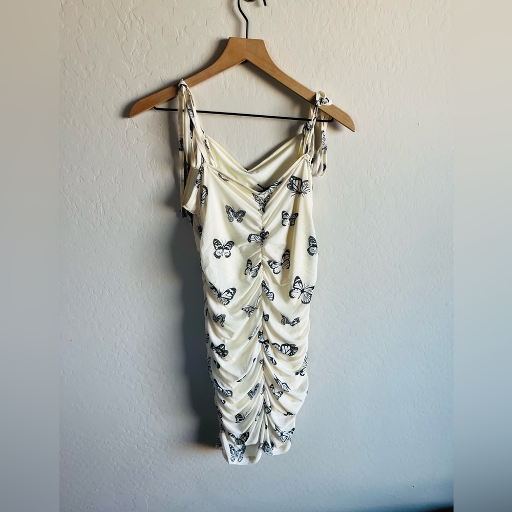 Pastel Yellow Scrunched Butterfly Sz LFairy Whimsical Mini Dress Festival Mesh